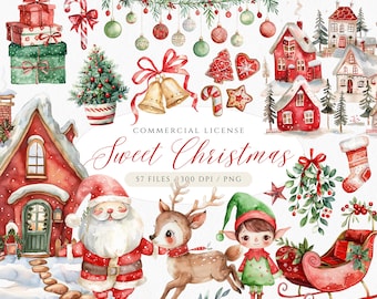 Sweet Christmas Clipart Bundle, Cute Santas Village Clipart, North Pole, Christmas Village, Reindeer, Snowman, Elf, Winter Holidays, Wreath