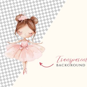 May include: A watercolor illustration of a ballerina with brown hair wearing a pink tutu and a flower crown. The background is transparent.