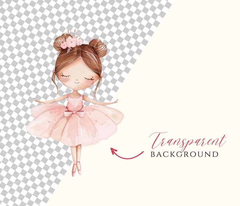 May include: A watercolor illustration of a ballerina with brown hair wearing a pink tutu and a flower crown. The background is transparent.