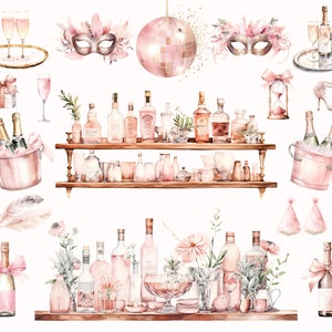 May include: A watercolour illustration of a pink and gold party scene with champagne bottles, glasses, a disco ball, masks, and a bar with shelves filled with bottles and glasses.