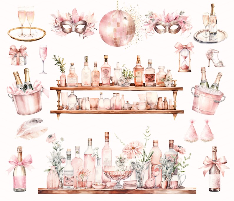 May include: A watercolour illustration of a pink and gold party scene with champagne bottles, glasses, a disco ball, masks, and a bar with shelves filled with bottles and glasses.