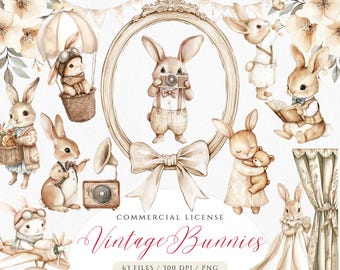 Clipart di coniglietti vintage ad acquerello: coniglietti beige, grafica per baby shower neutra rispetto al genere