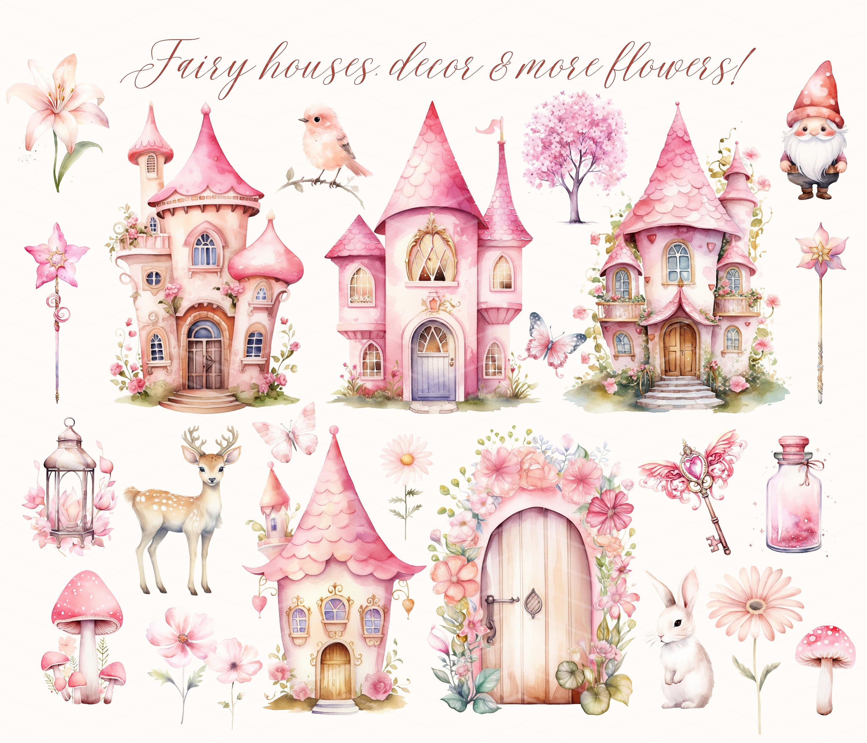 Watercolor Pink Fairy Clipart: Magical Garden PNG (300 DPI) - Etsy