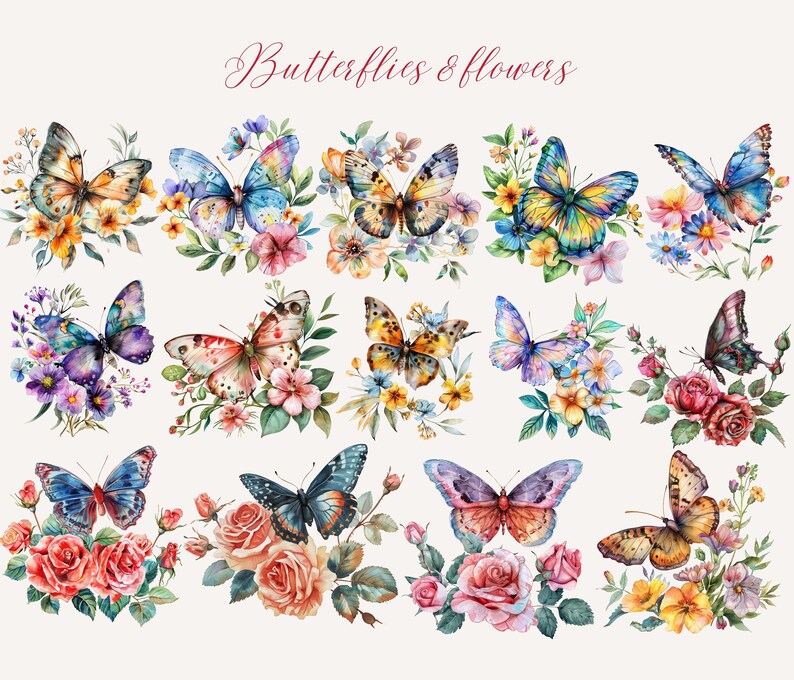 May include: Watercolor illustrations of butterflies and flowers. The image features a collection of colorful butterflies with intricate wing patterns, paired with various flowers and foliage. The text "Butterflies & flowers" is at the top.