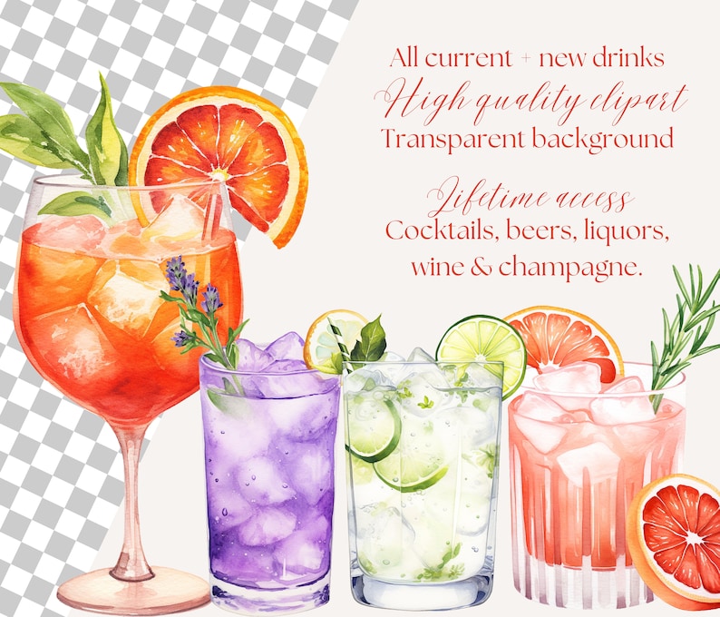 400+ Watercolor Cocktail Clipart Bundle: Mocktail, Champagne, Wine, Beer PNG image 2