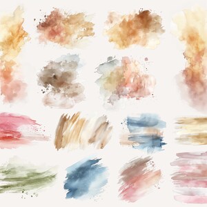 May include: A collection of 14 watercolor brushstrokes in various shades of brown, pink, blue, and green. The brushstrokes are abstract and organic in shape, creating a visually appealing and artistic design.