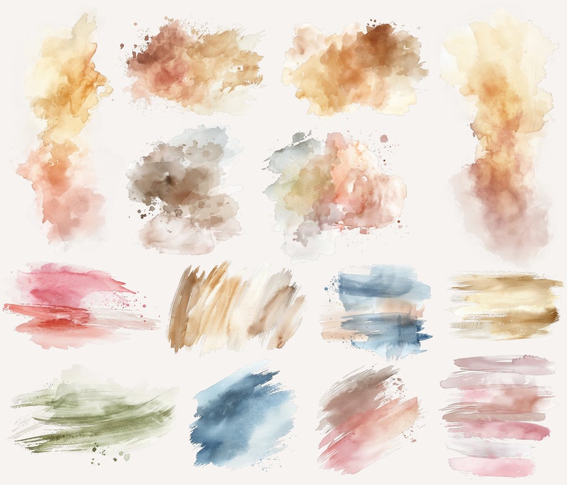 May include: A collection of 14 watercolor brushstrokes in various shades of brown, pink, blue, and green. The brushstrokes are abstract and organic in shape, creating a visually appealing and artistic design.