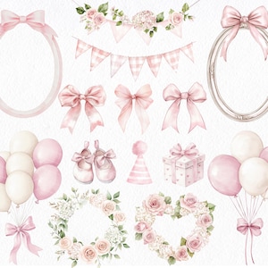Puede incluir: Ilustraci&oacute;n en acuarela con lazos rosas, globos, zapatos de beb&eacute;, un gorro de fiesta, una caja de regalo, coronas florales y marcos decorativos. La imagen tiene una paleta de colores pastel, ideal para baby showers u otros eventos festivos.