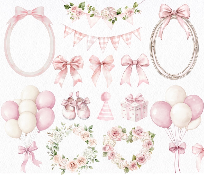 Puede incluir: Ilustraci&oacute;n en acuarela con lazos rosas, globos, zapatos de beb&eacute;, un gorro de fiesta, una caja de regalo, coronas florales y marcos decorativos. La imagen tiene una paleta de colores pastel, ideal para baby showers u otros eventos festivos.