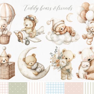May include: A set of watercolor illustrations featuring teddy bears and friends. The illustrations include a teddy bear pilot flying a plane, a teddy bear sleeping on a cloud, a teddy bear wearing a party hat, a teddy bear sleeping on a crescent moon, a teddy bear holding a bouquet of flowers, and a teddy bear hugging another teddy bear. The illustrations are perfect for creating cards, invitations, or other craft projects.