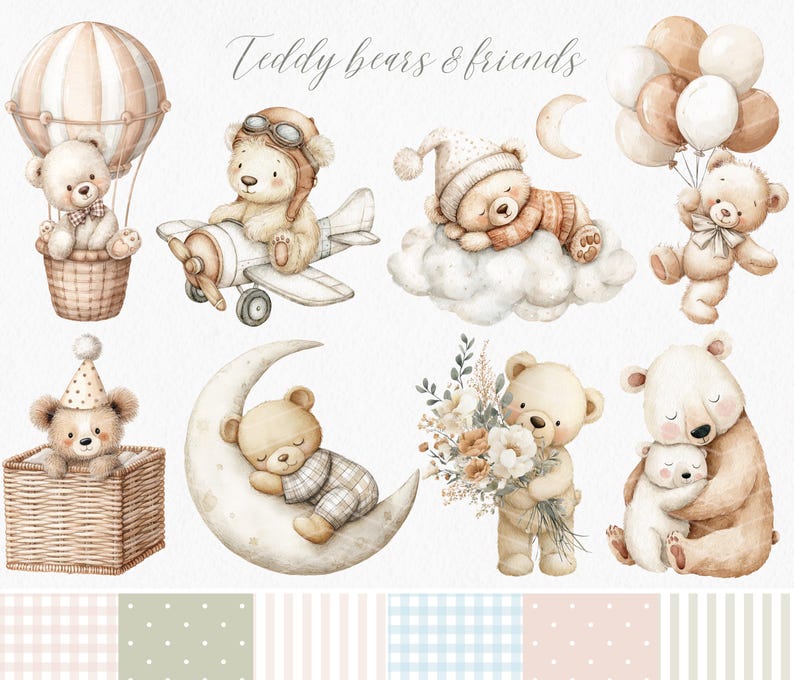 May include: A set of watercolor illustrations featuring teddy bears and friends. The illustrations include a teddy bear pilot flying a plane, a teddy bear sleeping on a cloud, a teddy bear wearing a party hat, a teddy bear sleeping on a crescent moon, a teddy bear holding a bouquet of flowers, and a teddy bear hugging another teddy bear. The illustrations are perfect for creating cards, invitations, or other craft projects.