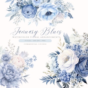 Aquarell Dusty Blue Blumen Clipart, Blaue Blumenarrangement, Winterstrauß, Hochzeit Clipart, Dusty Blue Blumen, Navy Blume PNG, Rosen