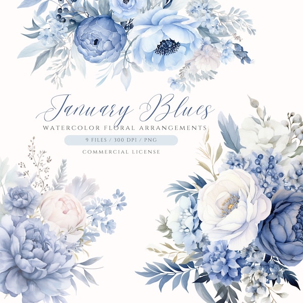 Watercolor Dusty Blue Floral Clipart, Blue Flower Arrangement, Winter Bouquet, Wedding Clipart, Dusty Blue Flowers, Navy Flower PNG, Roses