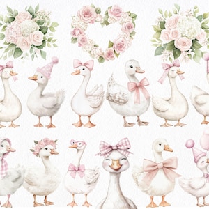 Puede incluir: Ilustraci&oacute;n en acuarela con gansos blancos adornados con lazos rosas, sombreros y detalles florales. La imagen incluye ramos, una corona floral en forma de coraz&oacute;n y gansos con varios accesorios, creando una est&eacute;tica caprichosa y encantadora.