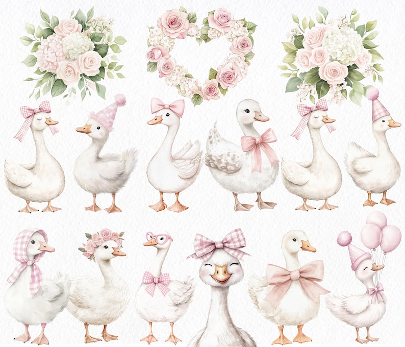 Puede incluir: Ilustraci&oacute;n en acuarela con gansos blancos adornados con lazos rosas, sombreros y detalles florales. La imagen incluye ramos, una corona floral en forma de coraz&oacute;n y gansos con varios accesorios, creando una est&eacute;tica caprichosa y encantadora.
