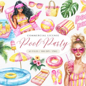 Puede incluir: Un conjunto de ilustraciones de acuarela con temática de fiesta en la piscina. El conjunto incluye una mujer en traje de baño, un flotador de piscina, una toalla de playa, una palmera, una piscina, una dona, una sombrilla de playa, una bolsa de playa, un par de chanclas, un vaso de limonada rosa, una paleta de hielo, una piña, una sandía, una pelota de playa, un par de gafas de sol, un sombrero, un cono de helado y un letrero de neón que dice "Pool Party".