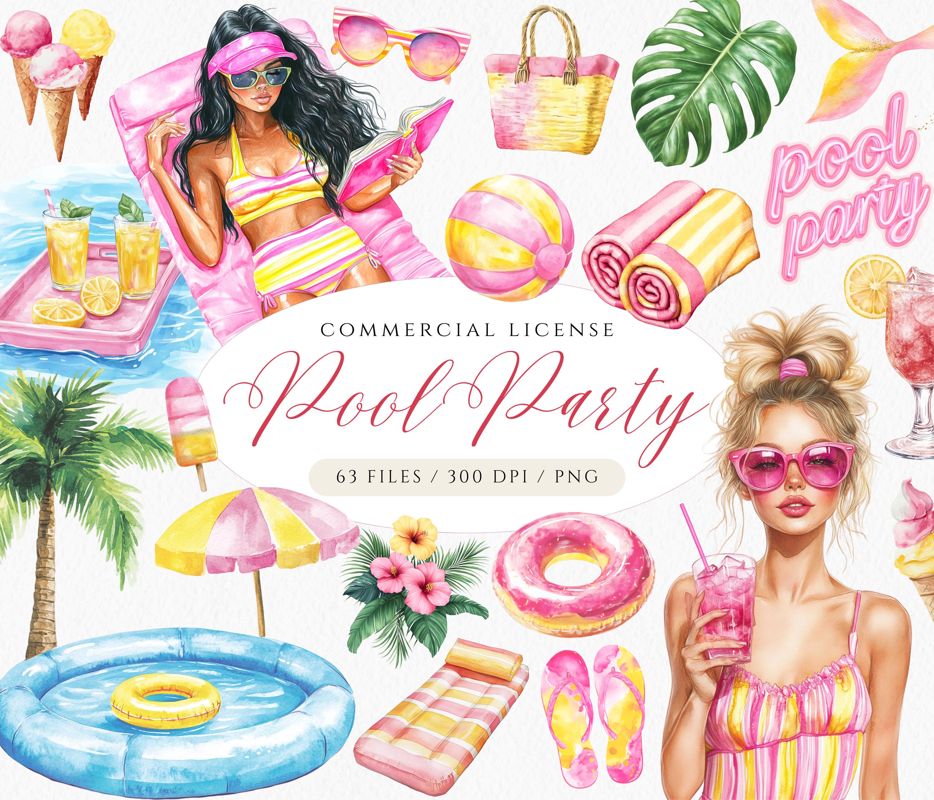 Clipart aquarelle pool party : graphiques d'été rose (téléchargement numérique)