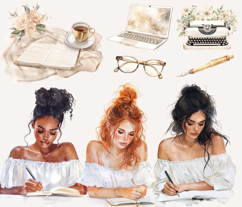 Op de afbeelding: Drie vrouwen met lang haar zitten aan een tafel en schrijven elk in een notitieboekje. Ze dragen witte tops en hebben een kop koffie, een laptop, een typemachine, een pen en een notitieboekje op tafel.