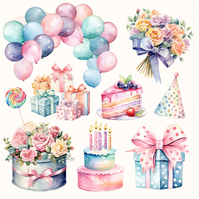 May include: Watercolor illustration of birthday party decorations, including balloons, presents, cake, a party hat, a lollipop, and a bouquet of flowers.