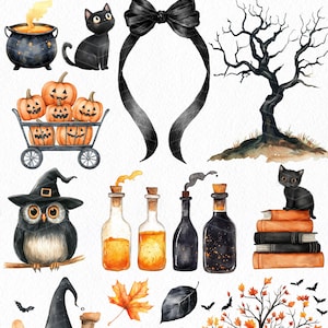 May include: Watercolor illustrations of Halloween-themed objects. Includes a black cat sleeping on pumpkins, a carved jack-o'-lantern, a witch's owl, potion bottles, a haunted house, and a black bow. The color palette features black, orange, and brown.