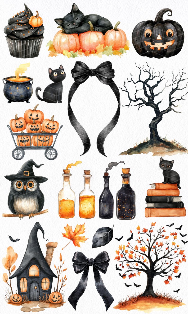 May include: Watercolor illustrations of Halloween-themed objects. Includes a black cat sleeping on pumpkins, a carved jack-o'-lantern, a witch's owl, potion bottles, a haunted house, and a black bow. The color palette features black, orange, and brown.