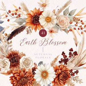 Op de afbeelding: Een aquarel bloemenkransontwerp met oranje, witte en bruine bloemen. De tekst "Earth Blossom" en "Autumnal Florals" worden weergegeven. Een cirkelvormig element met het nummer "41" is ook aanwezig.