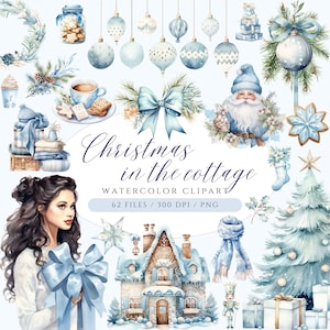 Aquarell Blaue Weihnachtsclipart-Bundle, Weihnachten in der Hütte, Cottagecore Weihnachtscliparts, Blaue Weihnachten PNG, kommerzielle Lizenz