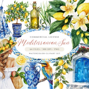 Pacote de clipart aquarela mediterrâneo, padrão sem costura de azulejo mediterrâneo, clipart de limão, clipart de verão, clipart de azeitonas, coroa de limão