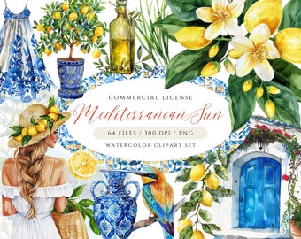Mediterranean Watercolor Clipart Bundle, Mediterranean Tile Seamless Pattern, Lemon Clipart, Summer Clipart, Olives Clipart, Lemon Wreath