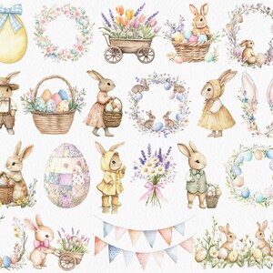 May include: A collection of watercolor illustrations featuring bunnies, baskets, eggs, flowers, and other Easter-themed elements. The illustrations are in a whimsical style and feature bright colors.