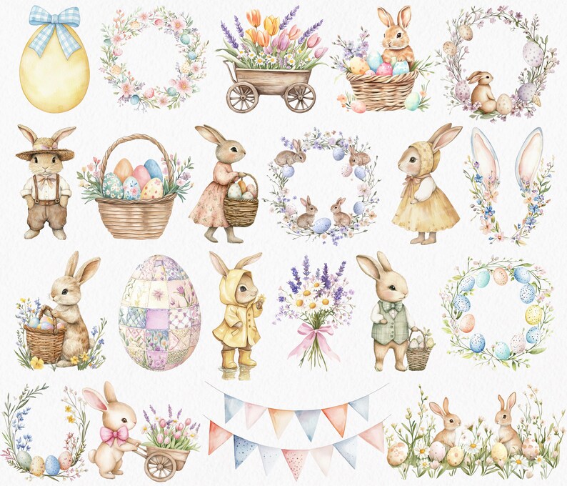 May include: A collection of watercolor illustrations featuring bunnies, baskets, eggs, flowers, and other Easter-themed elements. The illustrations are in a whimsical style and feature bright colors.