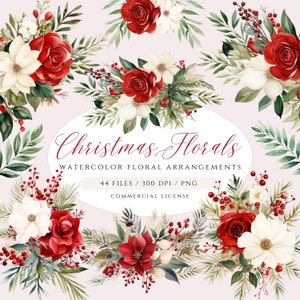 Kerst bloemen clipart, rode en crème bloemen clipart, kerst bloemstukken, kerst bloemen elementen, DIY kerstboeketten