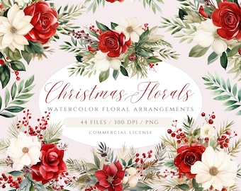 Christmas Floral Clipart: Red & Cream DIY Bouquet Elements (PNG Digital Download)