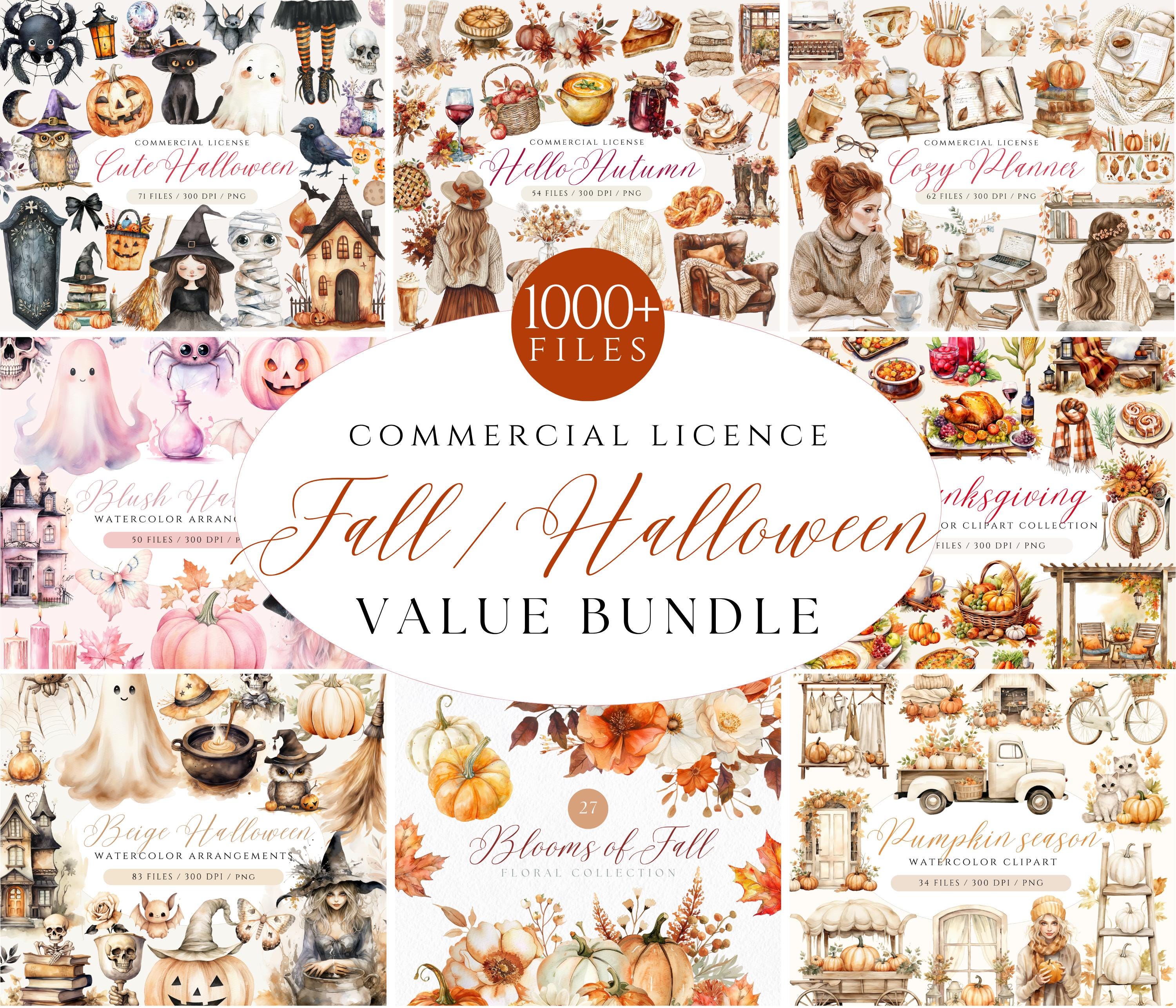 1000+ Fall Clipart Bundle, Autumn Clipart Set, Halloween Clipart, Watercolor Halloween, Beige Halloween, Boho Pumpkin Clipart, Fall Flowers
