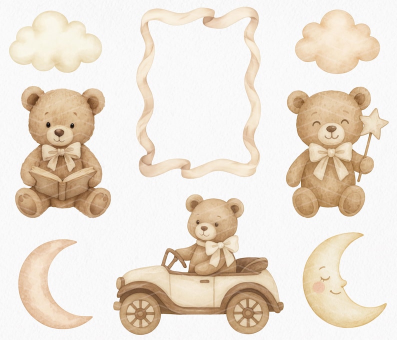 Watercolor Brown Teddy Bear Clipart: Boho Baby Shower Illustrations ...