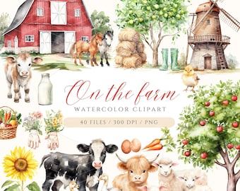 Farm Clipart, Watercolor Farm Animal PNG, Baby Animals, Spring Clipart, Commercial Use Farm Baby Animals, Barn Clipart Cute Farm Animals