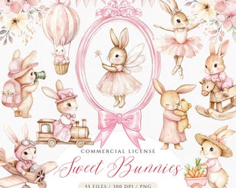 Watercolor Bunny Clipart: Pink Boho Vintage Bunnies (Digital Download)