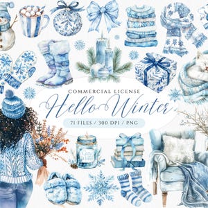 Hallo Winter Aquarell Clipart, Gemütliche PNG PNG, Blaue Weihnachten Clipart Bundle, Weihnachtsblumen, Blaue Ornamente, Winter PNG Landschaft