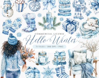 Blue Winter Watercolor Clipart Bundle: Cozy Christmas PNG (Digital Download)