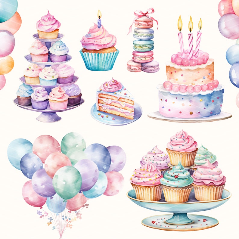 May include: A watercolor illustration of a birthday party with cupcakes, cakes, macarons, and balloons. The cupcakes are decorated with pink and purple frosting and sprinkles. The cakes are decorated with pink and blue frosting and sprinkles. The macarons are decorated with pink and blue frosting. The balloons are pink, purple, and blue.
