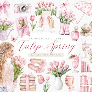 Clipart printemps rose, aquarelle tulipe printemps PNG, Bundle de cliparts Cottagecore printemps chic, guirlande de tulipes roses, agenda des cliparts Sweet Spring