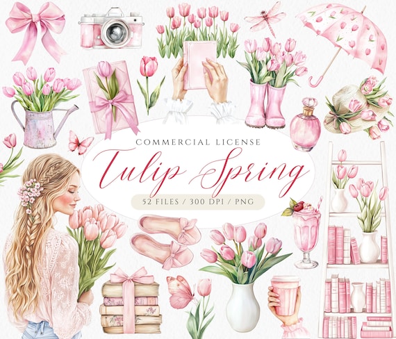 Watercolor Pink Tulip Clipart: Spring Cottagecore PNG Bundle (Digital Download)