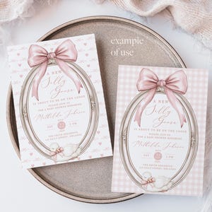 Puede incluir: Dos invitaciones para baby shower con un lazo rosa y un dise&ntilde;o de marco ovalado. Las invitaciones presentan el texto "A New Silly Goose" y los detalles del evento. Una tarjeta tiene un patr&oacute;n de coraz&oacute;n, la otra un patr&oacute;n de cuadros.