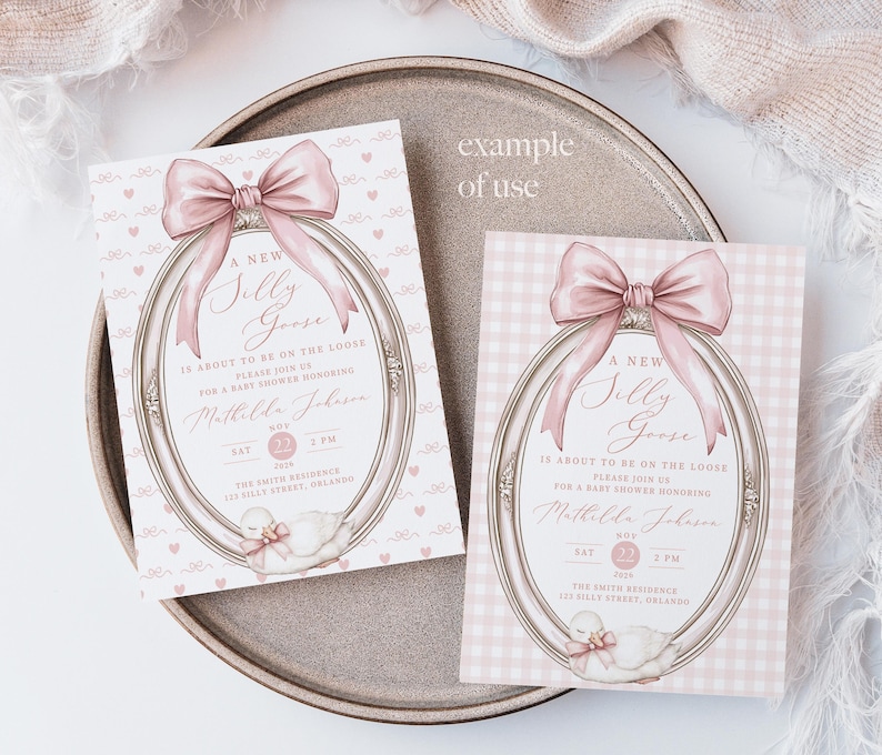 Puede incluir: Dos invitaciones para baby shower con un lazo rosa y un dise&ntilde;o de marco ovalado. Las invitaciones presentan el texto "A New Silly Goose" y los detalles del evento. Una tarjeta tiene un patr&oacute;n de coraz&oacute;n, la otra un patr&oacute;n de cuadros.