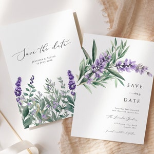 Puede incluir: Tarjeta de guardar la fecha con flores de lavanda y vegetaci&oacute;n en acuarela. El texto dice "Save the date" con los nombres Jennifer & Austin y la fecha 15 de junio de 2026.