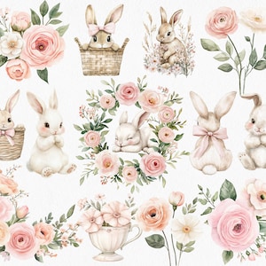 K&ouml;nnte beinhalten: Aquarellillustrationen von Hasen und Blumenarrangements in sanften Pastellfarben. Das Bild zeigt Hasen in K&ouml;rben, umgeben von Rosen, und einen schlafenden Hasen in einem Blumenkranz. Ideal f&uuml;r Ostern oder Fr&uuml;hlingsprojekte.