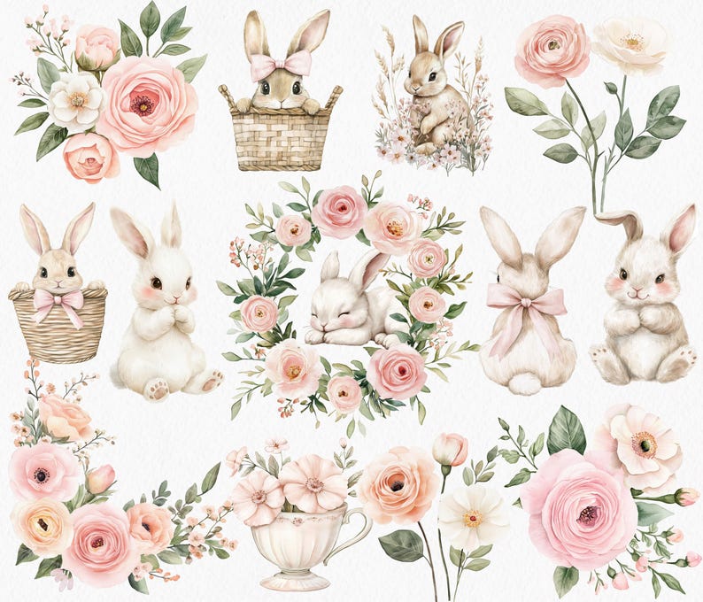K&ouml;nnte beinhalten: Aquarellillustrationen von Hasen und Blumenarrangements in sanften Pastellfarben. Das Bild zeigt Hasen in K&ouml;rben, umgeben von Rosen, und einen schlafenden Hasen in einem Blumenkranz. Ideal f&uuml;r Ostern oder Fr&uuml;hlingsprojekte.