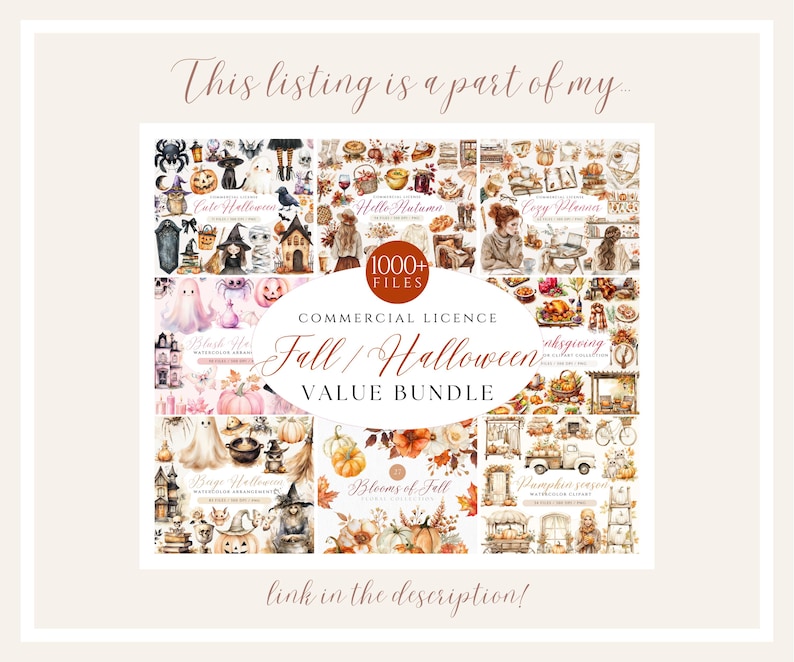 May include: A digital art bundle featuring watercolor illustrations with a Fall and Halloween theme. The image includes various graphics such as pumpkins, ghosts, witches, and autumn foliage. Text includes "Fall/Halloween Value Bundle" and "1000+ Files".