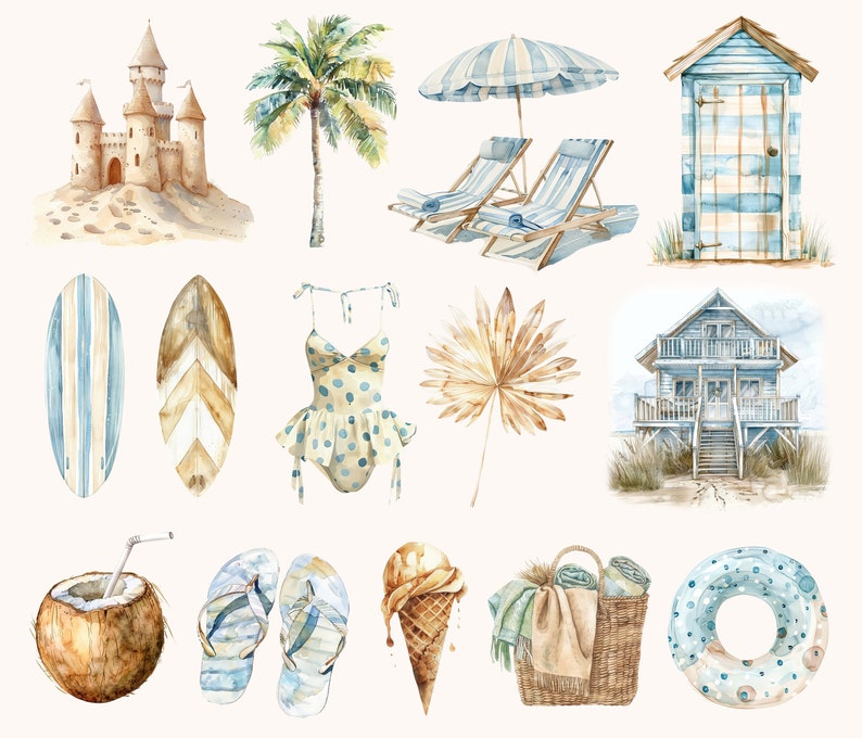 Watercolor Beach Clipart Bundle: Boho Summer PNG Graphics (digital ...