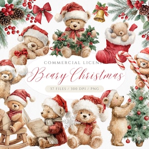 Può includere: Illustrazioni ad acquerello di orsacchiotti con cappelli di Babbo Natale e abiti festivi, circondati da decorazioni natalizie. L'immagine include il testo "Beary Christmas" e altri dettagli sul prodotto.